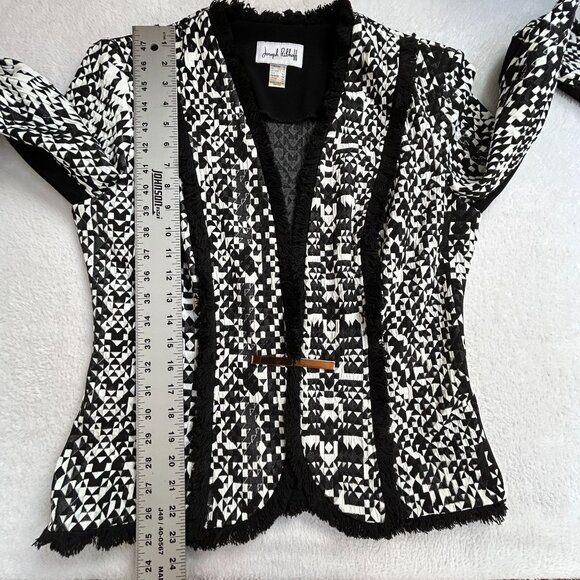 Joseph Ribkoff Womens Black White Geometric Fringe Blazer Jacket Size 12 Stretch - Picture 8 of 8